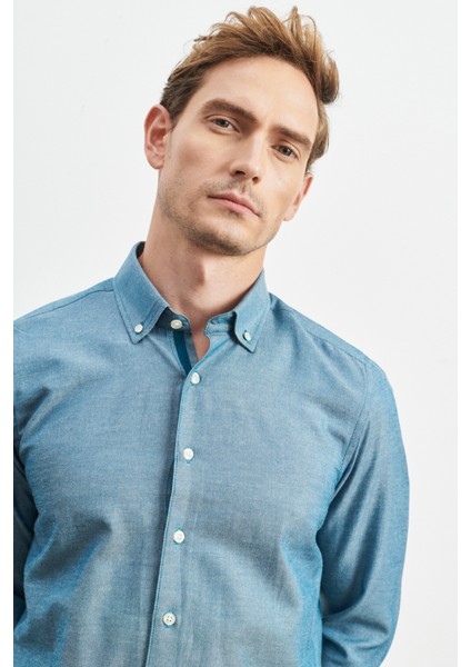 Erkek Lacivert Slim Fit Dar Kesim Pamuklu Gizli Düğmeli Yaka Uzun Kollu Oxford Gömlek modelleri