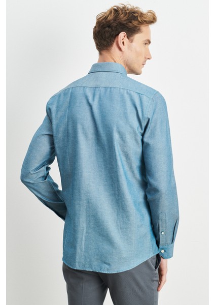 Erkek Lacivert Slim Fit Dar Kesim Pamuklu Gizli Düğmeli Yaka Uzun Kollu Oxford Gömlek fırsatları