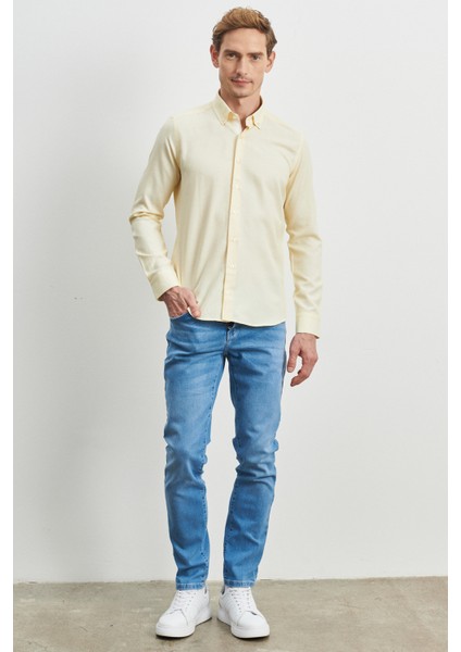 Erkek Sarı Slim Fit Dar Kesim Pamuklu Gizli Düğmeli Yaka Uzun Kollu Oxford Gömlek fiyatları
