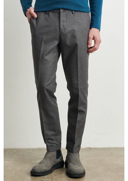 ALTINYILDIZ CLASSICS Erkek Gri Slim Fit Dar Kesim Flanel Desenli Beli Lastikli Esnek Pantolon