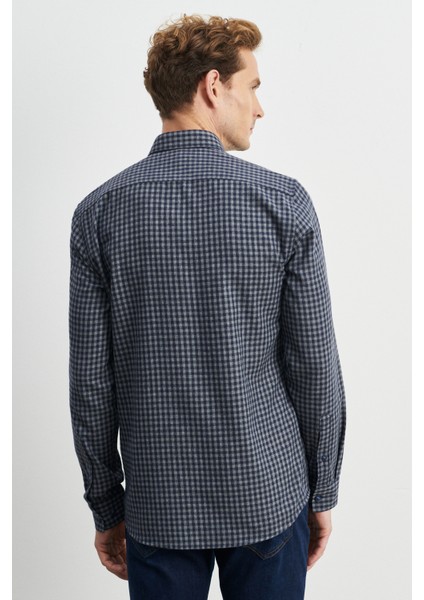 ALTINYILDIZ CLASSICS Erkek Lacivert-gri Slim Fit Düğmeli Yaka Pötikareli Flanel Oduncu Gömlek modelleri