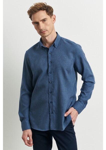 ALTINYILDIZ CLASSICS Erkek Indigo Slim Fit Dar Kesim Düğmeli Yaka Flanel Oduncu Gömlek