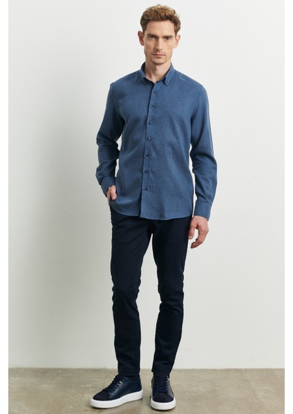 ALTINYILDIZ CLASSICS Erkek Indigo Slim Fit Dar Kesim Düğmeli Yaka Flanel Oduncu Gömlek