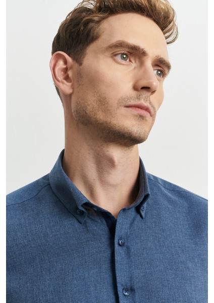 ALTINYILDIZ CLASSICS Erkek Indigo Slim Fit Dar Kesim Düğmeli Yaka Flanel Oduncu Gömlek