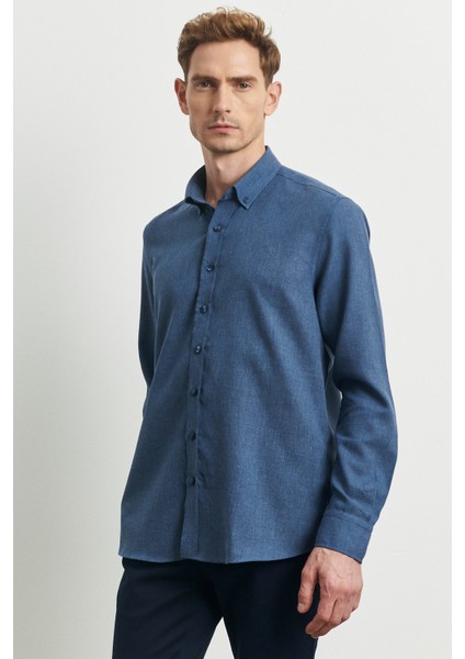 ALTINYILDIZ CLASSICS Erkek Indigo Slim Fit Dar Kesim Düğmeli Yaka Flanel Oduncu Gömlek