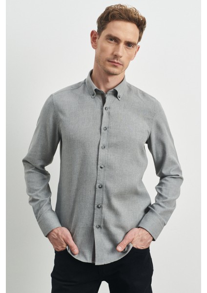 ALTINYILDIZ CLASSICS Erkek Açık Gri Slim Fit Dar Kesim Düğmeli Yaka Flanel Oduncu Gömlek