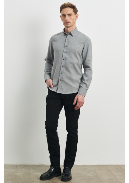 ALTINYILDIZ CLASSICS Erkek Açık Gri Slim Fit Dar Kesim Düğmeli Yaka Flanel Oduncu Gömlek