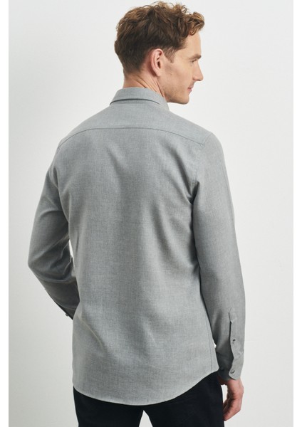 ALTINYILDIZ CLASSICS Erkek Açık Gri Slim Fit Dar Kesim Düğmeli Yaka Flanel Oduncu Gömlek