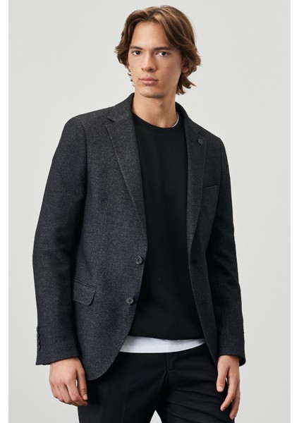 ALTINYILDIZ CLASSICS Erkek Antrasit Slim Fit Dar Kesim Mono Yaka Desenli Yünlü Özel Kumaş Ceket