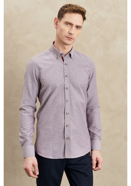 ALTINYILDIZ CLASSICS Erkek Bordo Slim Fit Dar Kesim Düğmeli Yaka Armürlü Gömlek