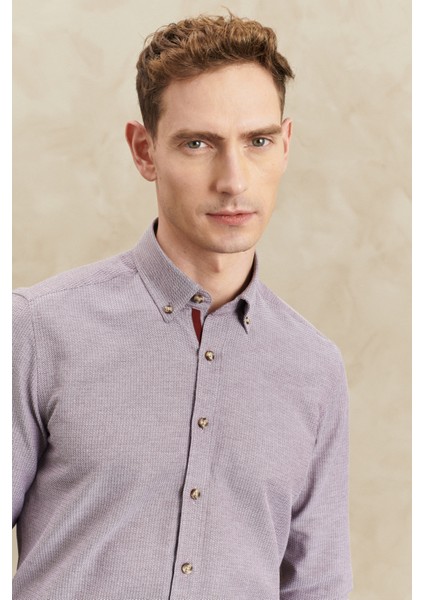 ALTINYILDIZ CLASSICS Erkek Bordo Slim Fit Dar Kesim Düğmeli Yaka Armürlü Gömlek modelleri