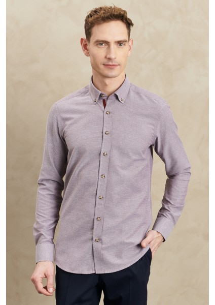 ALTINYILDIZ CLASSICS Erkek Bordo Slim Fit Dar Kesim Düğmeli Yaka Armürlü Gömlek fırsatları