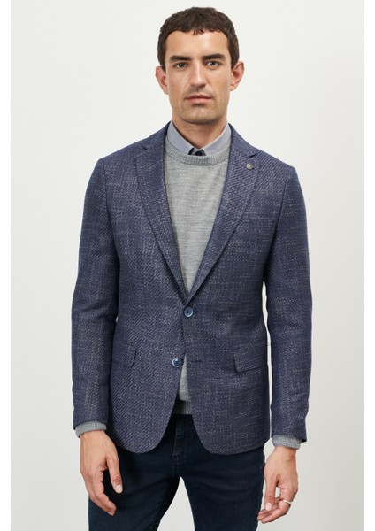 ALTINYILDIZ CLASSICS Erkek Lacivert-beyaz Slim Fit Dar Kesim Mono Yaka Diyagonal Desenli Ceket