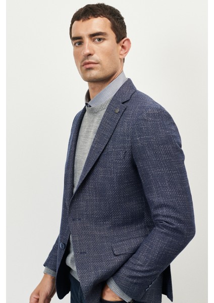 ALTINYILDIZ CLASSICS Erkek Lacivert-beyaz Slim Fit Dar Kesim Mono Yaka Diyagonal Desenli Ceket modelleri