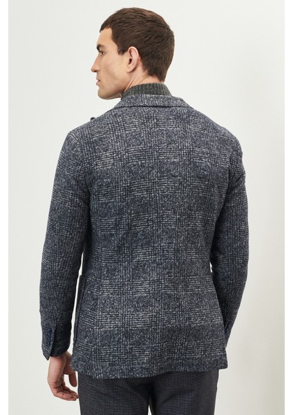 ALTINYILDIZ CLASSICS Erkek Lacivert-gri Slim Fit Dar Kesim Kırlanıgıç Yaka Ekose Desenli Yünlü Ceket