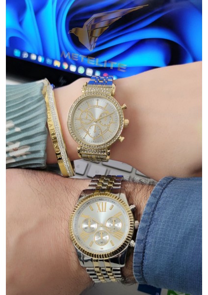 Özel Kutusunda Çift Kol Saati Metal Kordon Analog Sevgili Saatleri