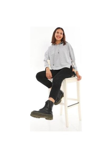 Kadın Ekose Garnili Kapşonlu Sweatshirt