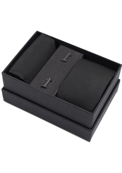 I Harfli Kol Düğmesi & Siyah Kravat & Mendil Kutulu Hediye Seti