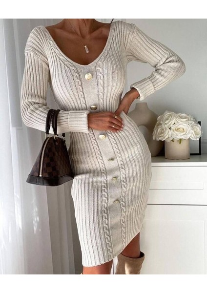 Düğmeli Triko Uzun Elbise Kadın
