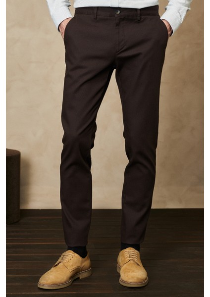 ALTINYILDIZ CLASSICS Erkek Kahverengi Slim Fit Dar Kesim Armürlü Esnek Casual Pantolon