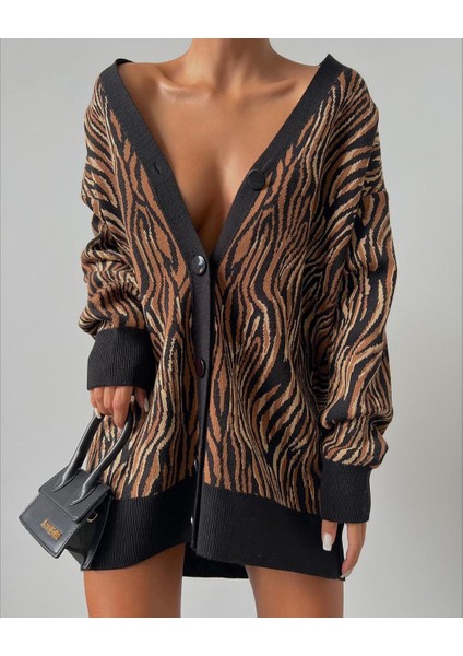 Kadın Zebra Desen Oversize Triko Hırka