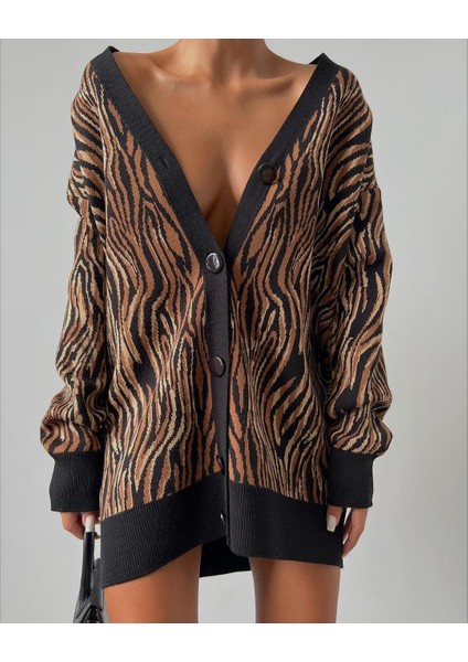 Kadın Zebra Desen Oversize Triko Hırka