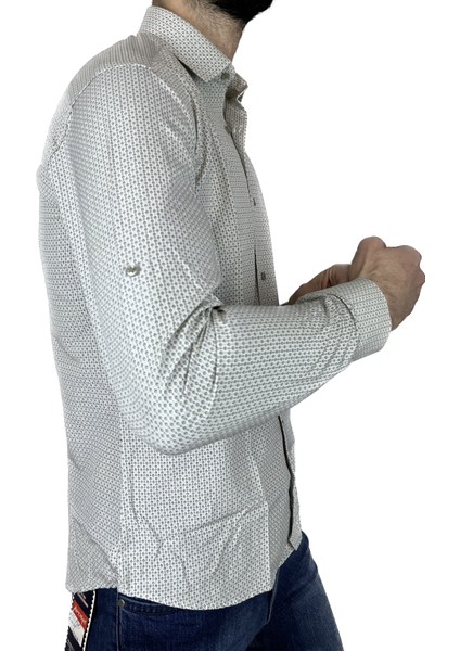 Erkek Uzun Kol Yeşil Slim Fit Puantiye Desenli Gömlek