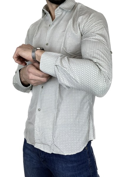 Erkek Uzun Kol Yeşil Slim Fit Puantiye Desenli Gömlek