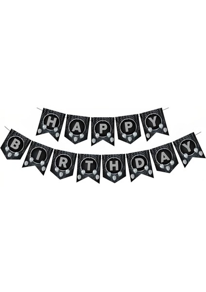 Zikzak Banner Ofset Siyah Gümüş Happy Birthday