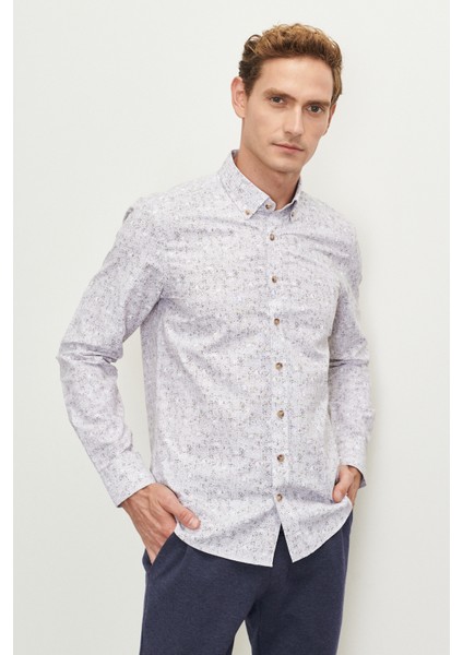 ALTINYILDIZ CLASSICS Erkek Bej Slim Fit Dar Kesim Düğmeli Yaka Baskılı Gömlek