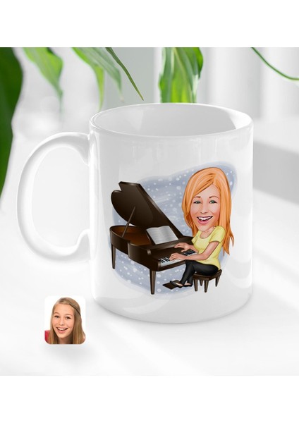Kişiye Özel Kadın Müzik Öğretmeni Karikatürlü Beyaz Kupa Bardak-1