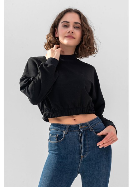 la & vetta Kadın Siyah Pamuk Bisiklet Yaka Crop Sweatshirt