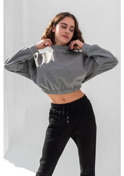 la & vetta Kadın Füme Pamuk Bisiklet Yaka Crop Sweatshirt