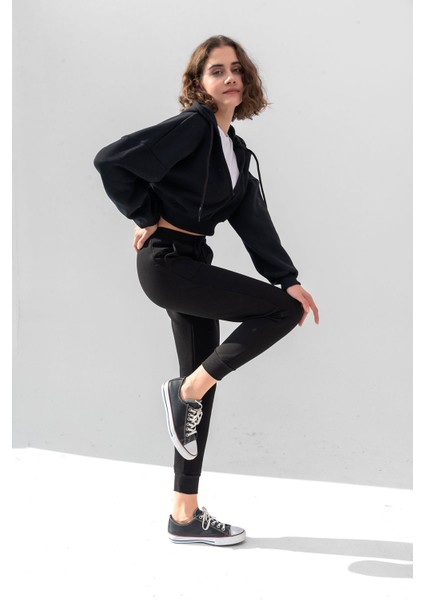 Siyah Kapüşonlu V Yaka Crop Kalın Içi Polarlı Örme Sweatshirt indirimleri