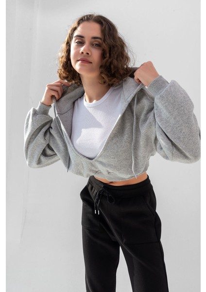 la & vetta Gri Kapüşonlu V Yaka Crop Kalın Içi Polarlı Örme Sweatshirt