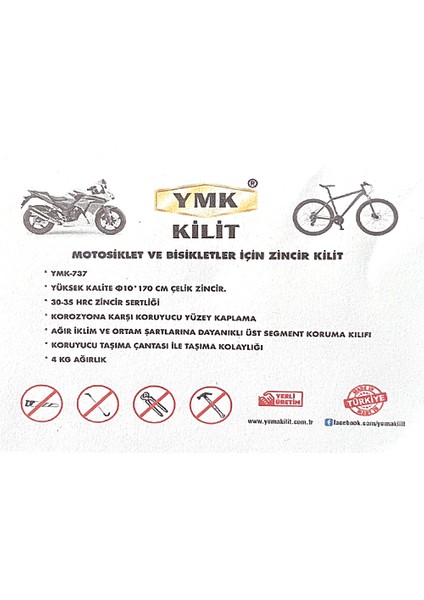 Yuma Kilit Yuma Ymk Yüksek Güvenlikli Zincirli&asma Kilitli Motorsiklet Kilidi Çantalı Siyah ( Boy : 170CM-ÇAP : 10MM )