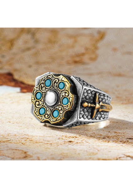 925 Ayar Gümüş Turkuaz Taşlı Stres Çarkı Kılıç Motifli Erkek Yüzük