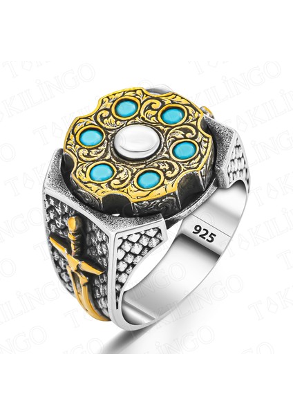 925 Ayar Gümüş Turkuaz Taşlı Stres Çarkı Kılıç Motifli Erkek Yüzük fiyatları