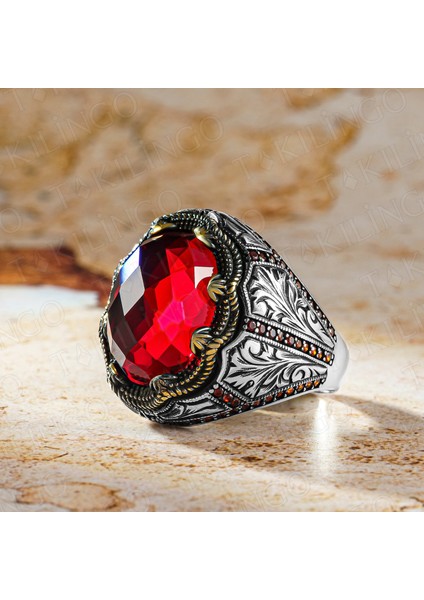 925 Ayar Gümüş Kırmızı Zirkon Taşlı Kalem Işlemeli Erkek Yüzük