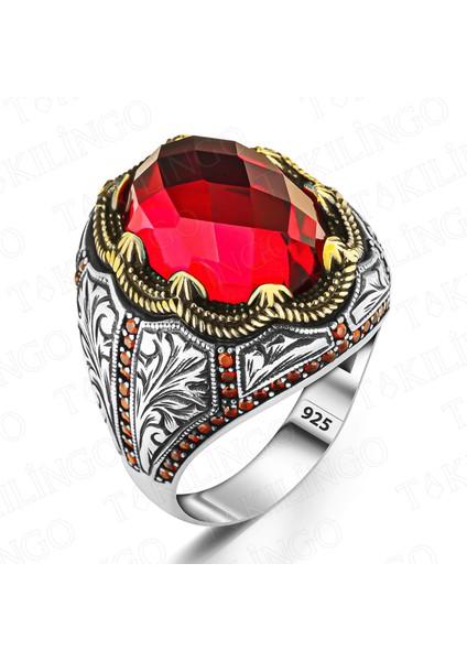 925 Ayar Gümüş Kırmızı Zirkon Taşlı Kalem Işlemeli Erkek Yüzük fiyatları