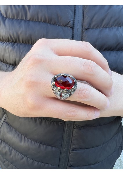925 Ayar Gümüş Kırmızı Zirkon Taşlı Kalem Işlemeli Erkek Yüzük modelleri