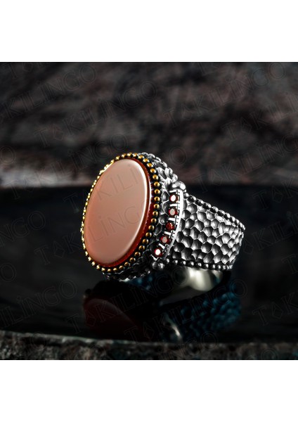 925 Ayar Gümüş Oval Kırmızı Akik Taşlı Erkek Yüzük