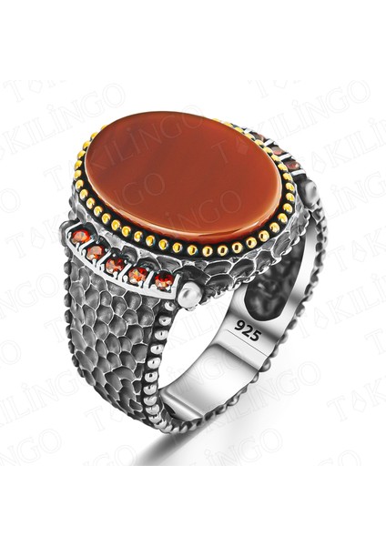 925 Ayar Gümüş Oval Kırmızı Akik Taşlı Erkek Yüzük fiyatları