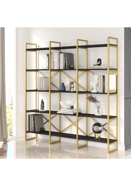 Atlantis Gold Metal Kitaplık 5 Raflı Geniş 3 Bölme 175 cm Siyah