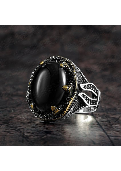 925 Ayar Gümüş Oval Siyah Oniks Taşlı Erkek Yüzük
