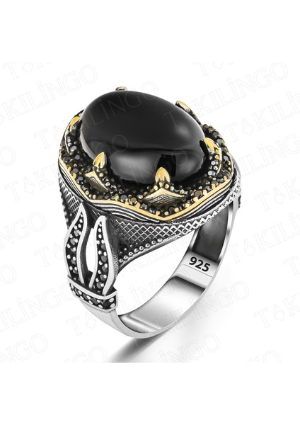 925 Ayar Gümüş Oval Siyah Oniks Taşlı Erkek Yüzük fiyatları