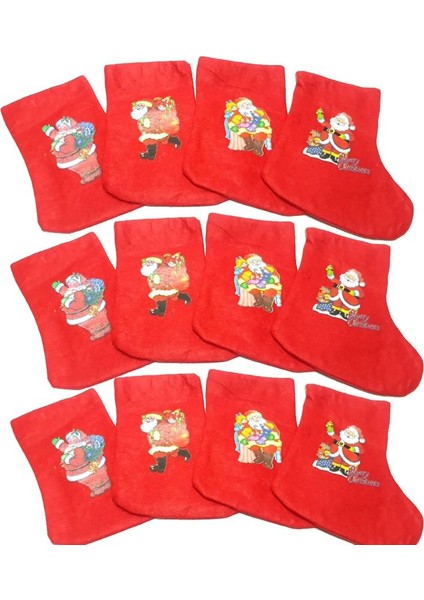 12 Adet 4 Model Karışık Hediye Çorap Noel Baba Baskılı Elyaf Yılbaşı Çorabı 22X 25 cm