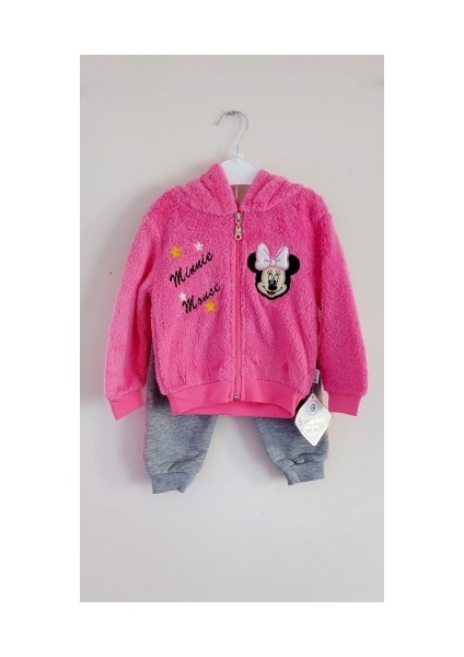 Kışlık Welsoft Pembe Bebek Alt Üst Takım Kapşonlu Ceket Minnie Mickey Mouse Nakışlı