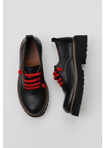 Siyah Kırmızı Deri Kadın Düz Ayakkabı