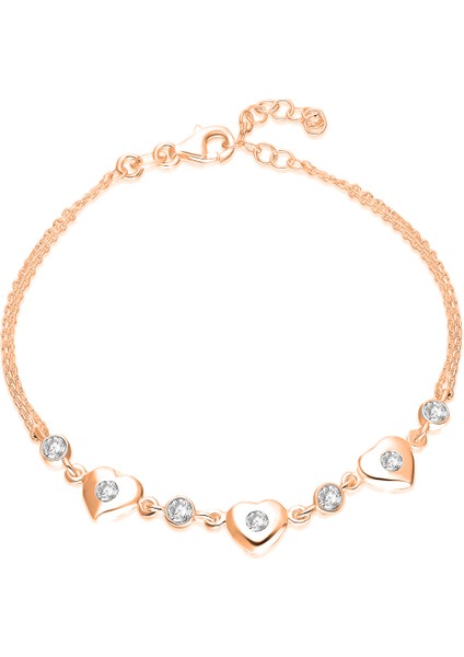 Kadın Gümüş Sıralı Kalp Rose Bileklik